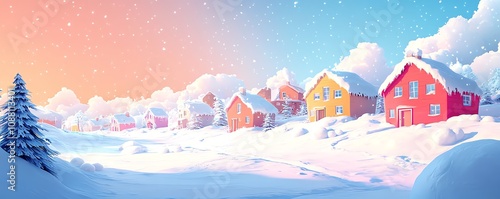 Snowy scene with colorful houses, wide rightside banner for text, dreamy and cute childrens book style, detailed background elements, generative AI photo