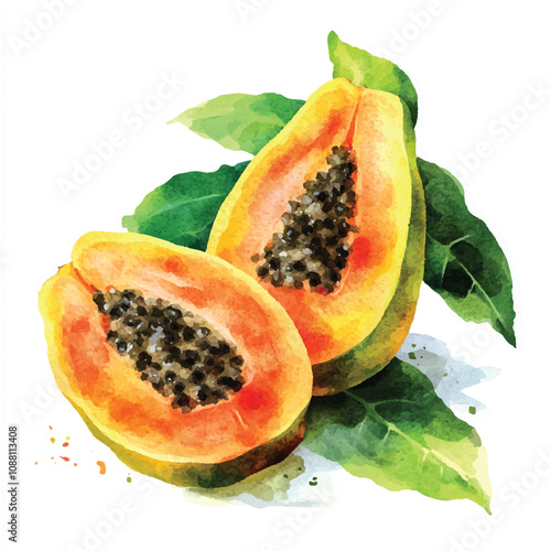  Papaya fruit watercolor clipart illustration