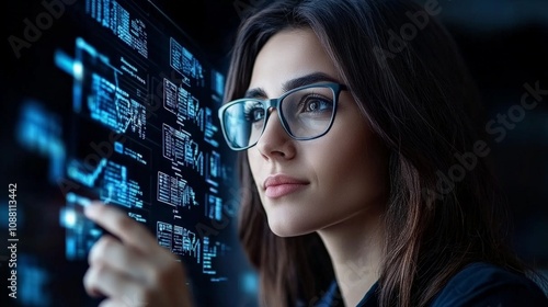 Data Driven Decisions: A woman in glasses looks intently at a digital screen filled with charts and graphs, representing the future of business analytics and technological advancements. 