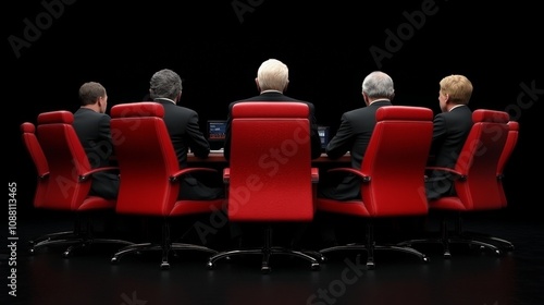 Boardroom Backs: Five business executives sit in a circle of striking red executive chairs, their backs to the camera, creating a sense of mystery and high-stakes decision-making.
