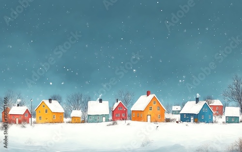 Snowy winter landscape with colorful houses, wide banner area on the right for copy, childrens bookstyle atmosphere, detailed background, generative AI photo