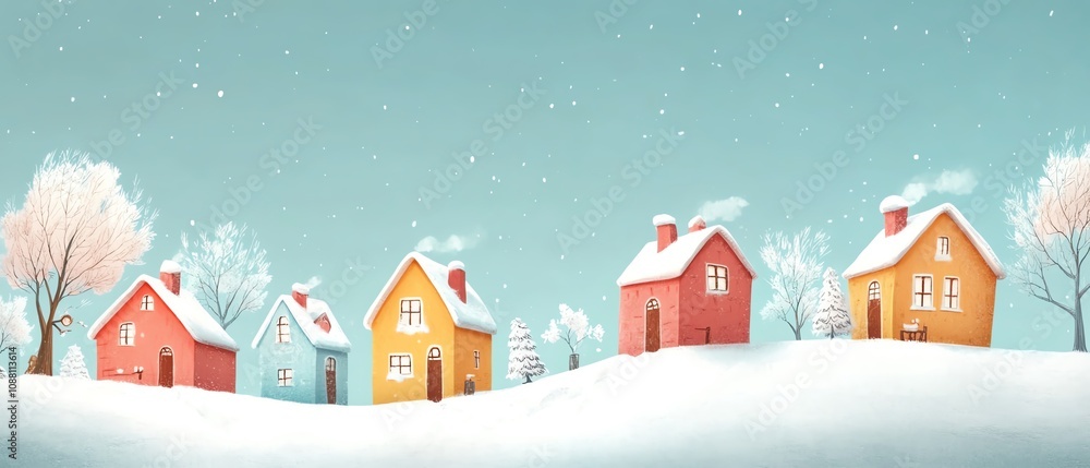 Winter scene with colorful houses in the snow, banner on the right with space for copy, cute and dreamy childrens book atmosphere, generative AI style Winter scene with colorful houses in the snow, banner on the right with space for copy, cute and dreamy childrens book atmosphere, generative AI style