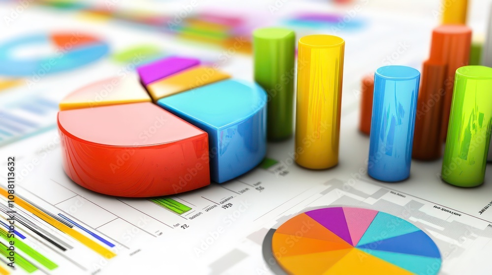 In-depth business analysis captured through vibrant pie charts and bar graphs on a document, showcasing data-driven decision making In-depth business analysis captured through vibrant pie charts and bar graphs on a document, showcasing data-driven decision making