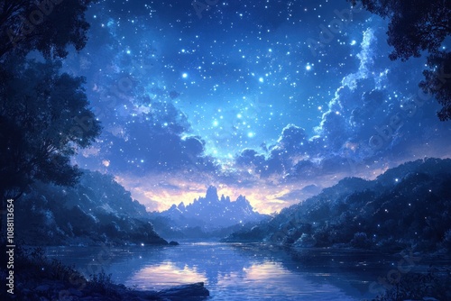 A tranquil scene of a mountain range reflecting in a still lake under a sky filled with stars.