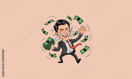 Happy businessman celebrating with stacks of money