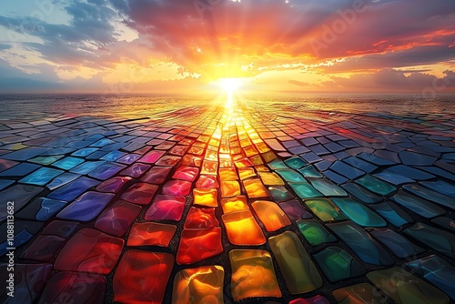 Vibrant sunset over a colorful mosaic pathway leading to the sun.