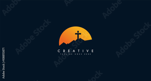 Church Hill with Cross logo design vector illustration.