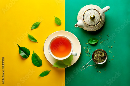 cup of tea with lemon and green leaves.