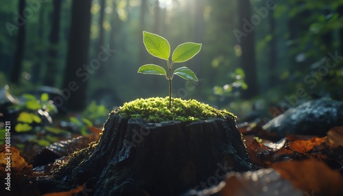 A young sapling growing from a weathered old tree stump photo