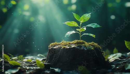 A young sapling growing from a weathered old tree stump photo