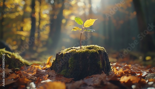 A young sapling growing from a weathered old tree stump photo