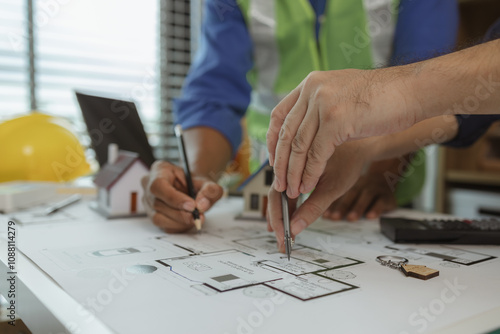 an architect and an engineer are discussing about big projects that they have to take responsibility for together, engineer and his assistant are meeting about the first draft of blueprint photo