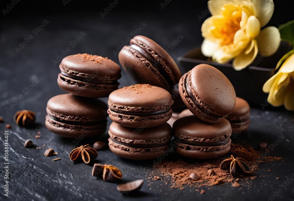 A close-up of French macarons on a dark background with coffee beans and chocolate pieces scattered around A close-up of French macarons on a dark background with coffee beans and chocolate pieces scattered around