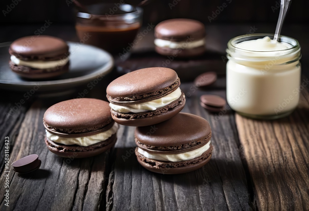 A close-up of a chocolate macaron with a creamy filling on a dark wood background A close-up of a chocolate macaron with a creamy filling on a dark wood background