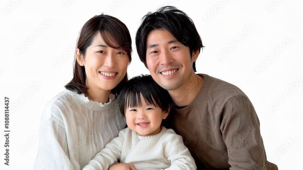 Japanese family portrait with couple in the thirties with their baby son. Posing over white background Japanese family portrait with couple in the thirties with their baby son. Posing over white background