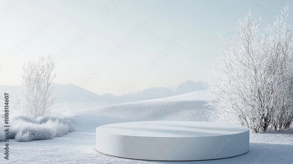 Fototapeta premium Minimalist mockup of a circular stage in a snowy winter landscape with distant mountains