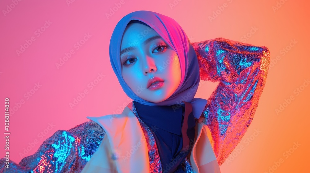 Naklejka premium Neon Lit Fashion Portrait Of A Woman In A Hijab