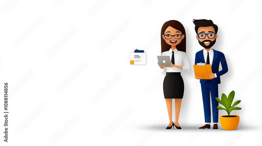 Business Partners: A cartoon of a confident business man and woman working together, showcasing collaboration, teamwork, and professionalism. Business Partners: A cartoon of a confident business man and woman working together, showcasing collaboration, teamwork, and professionalism.