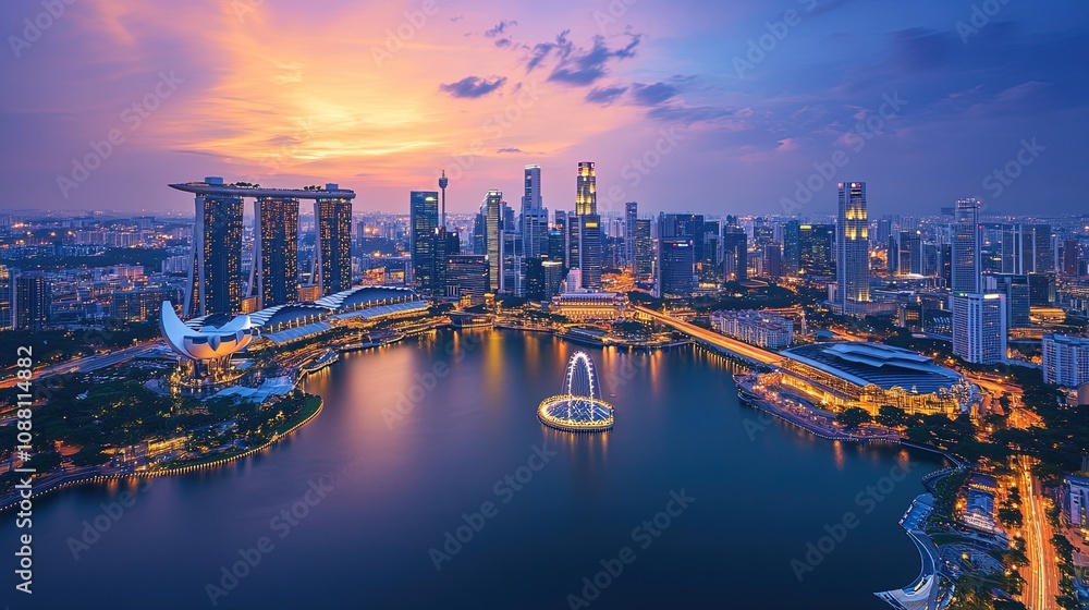 Fototapeta premium Singapore. September 12, 2022: Aerial view of Singapore cityscape with Singapore Flyer and Marina Bay Sands Hotel at dusk time 