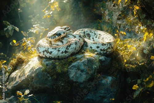 A white and black snake with yellow eyes lies coiled on a mossy rock in a green forest, bathed in sunlight. photo