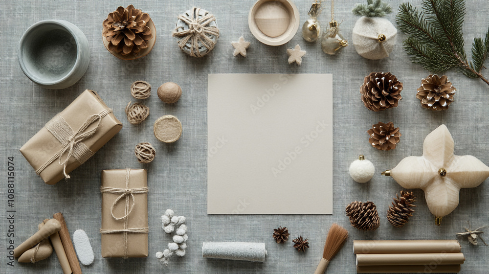 Creative mockup of festive wrapping supplies arranged on a textured background for holiday projects Creative mockup of festive wrapping supplies arranged on a textured background for holiday projects