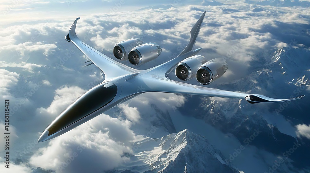 Fototapeta premium Futuristic aircraft above clouds.