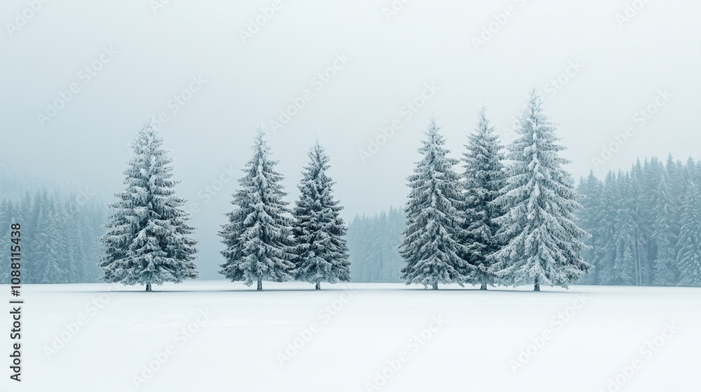 Snow-covered pine trees in a winter landscape with fog in a tranquil forest setting Snow-covered pine trees in a winter landscape with fog in a tranquil forest setting
