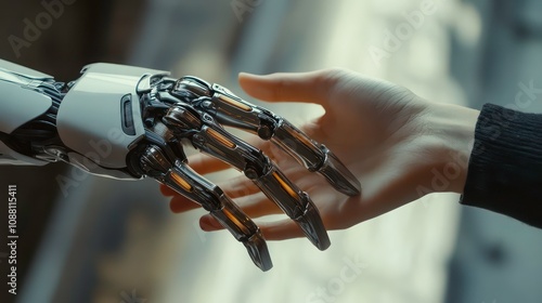 In a close-up frame, the synergy of robotic precision and human warmth converges as hands unite--a symbol of seamless business, partnership, and collaboration