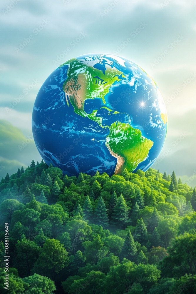 Lush Green Forest with Earth Globe Emphasizing Environmental Awareness and Sustainability Lush Green Forest with Earth Globe Emphasizing Environmental Awareness and Sustainability