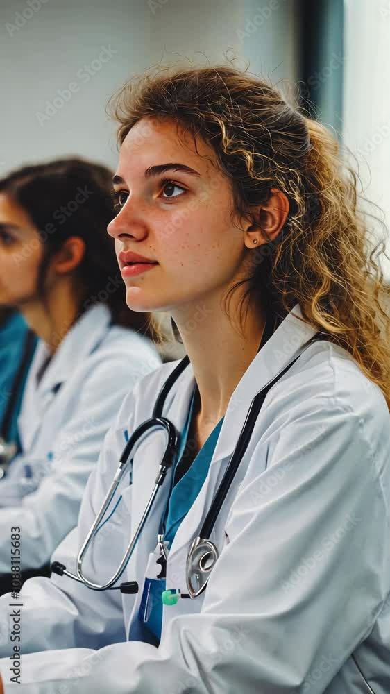 A young woman with curly brown hair, wearing a white lab coat and stethoscope, sits attentively in a classroom A young woman with curly brown hair, wearing a white lab coat and stethoscope, sits attentively in a classroom