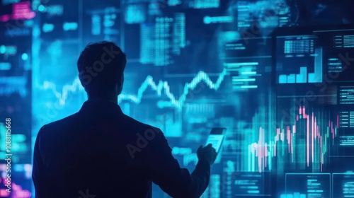 A businessman stands in front of a wall of digital screens, analyzing data.