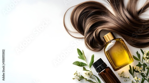 Hair care cosmetics with argan and jojoba oil on white background top view with space for text