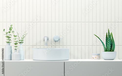 3D render an empty blue vanity counter with ceramic washbasin and modern style faucet in a bathroom with morning sunlight and shadow. Blank space for products display mockup. Background, Wall tiles.	