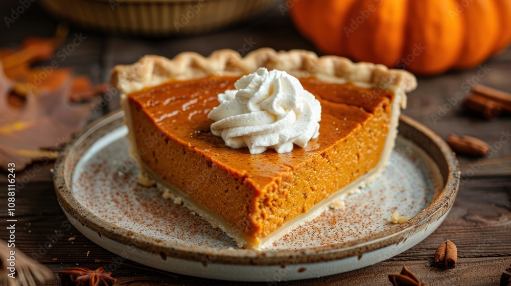 A slice of pumpkin pie with whipped cream, on a plate, with fall leaves and spices. A slice of pumpkin pie with whipped cream, on a plate, with fall leaves and spices.