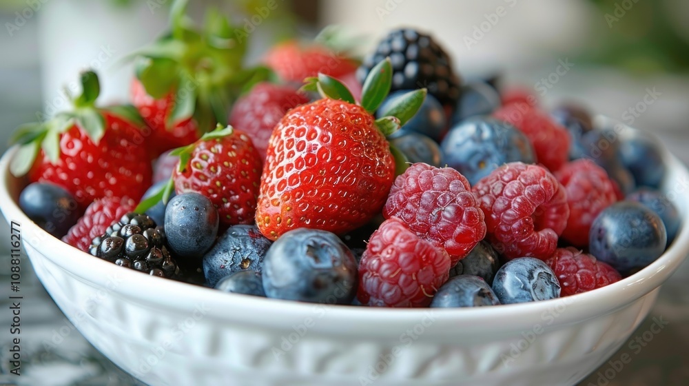 Close-up of a bowl filled with assorted fresh berries strawberries, raspberries, blueberries, and blackberries.
