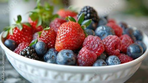 Close-up of a bowl filled with assorted fresh berries strawberries, raspberries, blueberries, and blackberries.