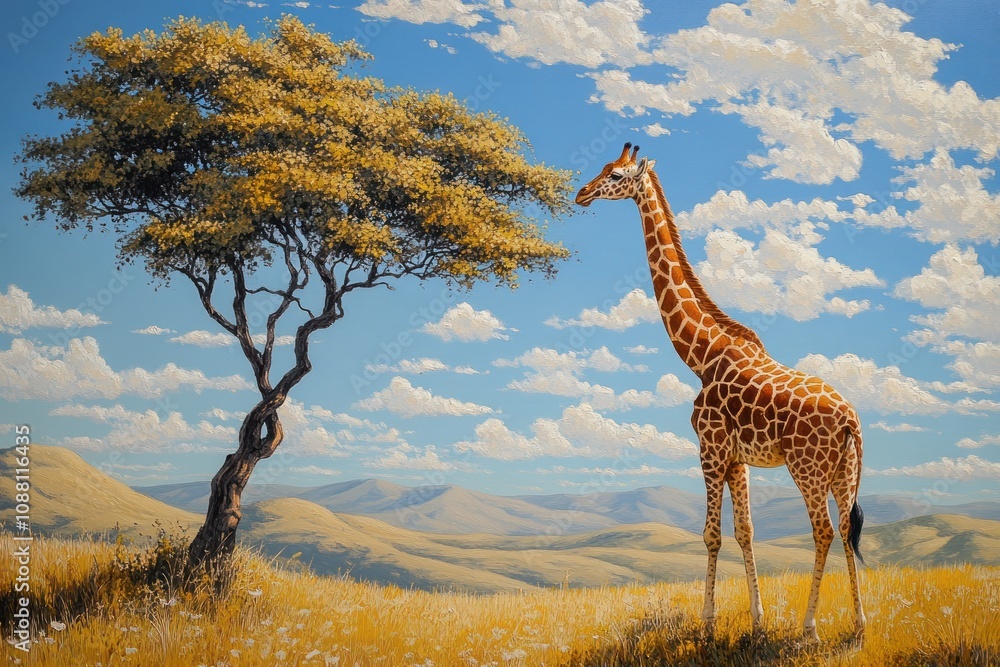 Fototapeta premium A giraffe stands tall in a field, reaching for leaves on a tree against a backdrop of rolling hills and a blue sky with fluffy clouds.