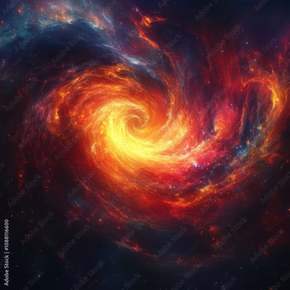 A vibrant cosmic swirl of colors, depicting a mesmerizing galaxy with fiery hues and deep space elements. A vibrant cosmic swirl of colors, depicting a mesmerizing galaxy with fiery hues and deep space elements.