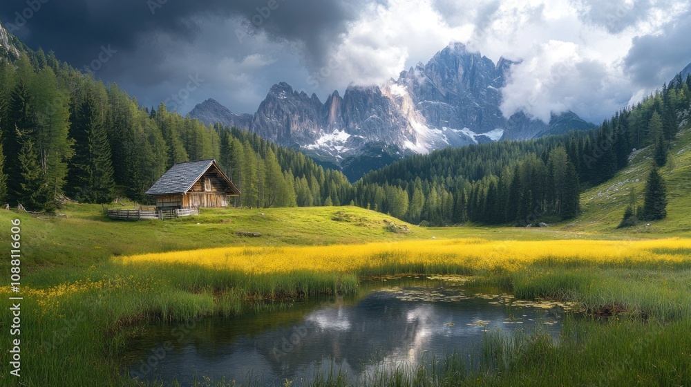 Fototapeta premium Serene Mountain Cabin by the Lake under a Dramatic Sky