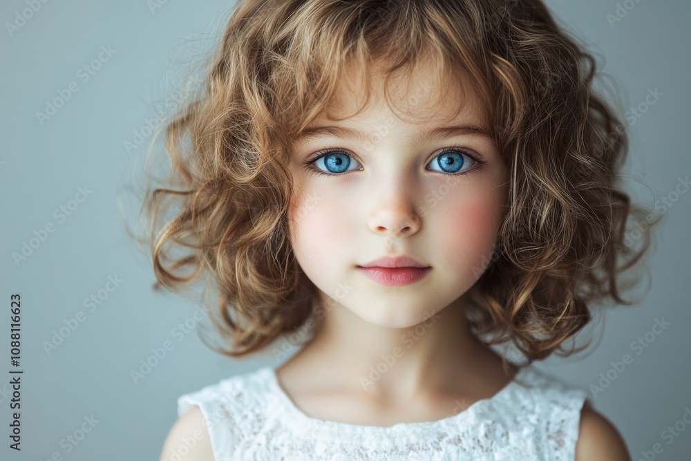 Young girl with curly brown hair and blue eyes in a white dress poses sweetly against a plain background in a soft and serene setting