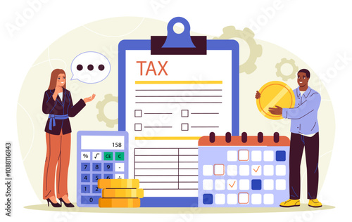 People with tax. Man and woman near calculator and form for filling out taxes. Financial literacy, accounting and budgeting. Flat vector illustration