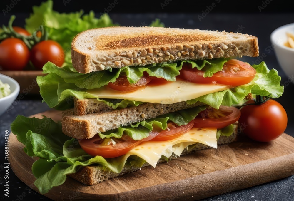 A sandwich with melted cheese and fresh vegetables on toasted bread A sandwich with melted cheese and fresh vegetables on toasted bread