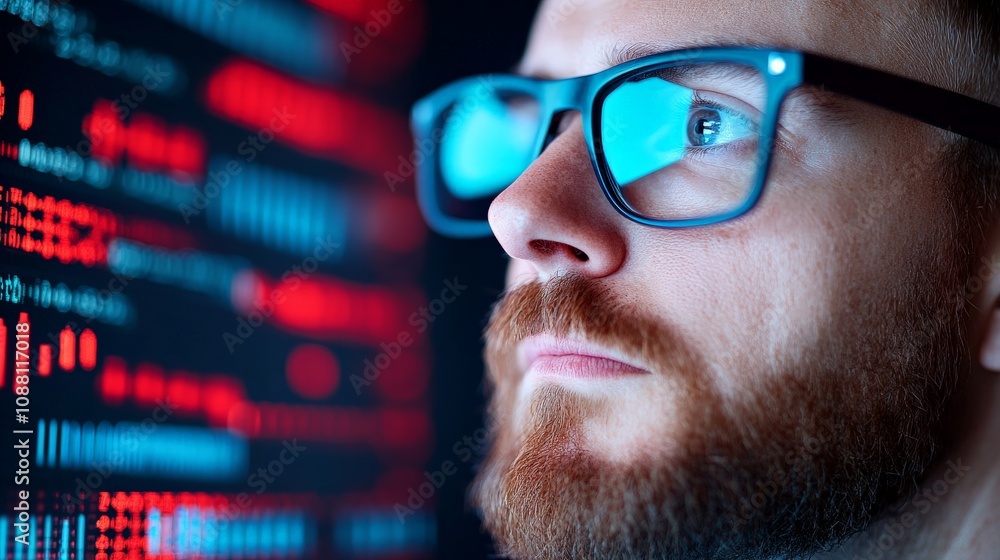 Code Breaker: A focused programmer with a beard, wearing glasses, intently examines a screen filled with lines of code, his reflection mirroring the digital world before him. Code Breaker: A focused programmer with a beard, wearing glasses, intently examines a screen filled with lines of code, his reflection mirroring the digital world before him.