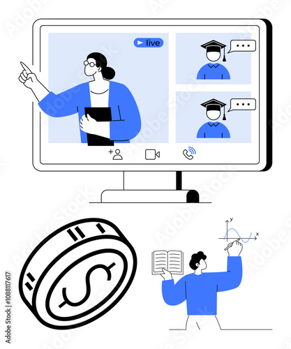 Woman teaching online class on screen with two students, digital dollar coin, teacher explaining graph using textbook. Ideal for e-learning, online meetings, webinars, remote work, education
