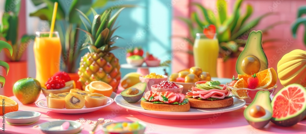 A colorful and inviting breakfast spread with fresh fruit, pastries and juice on a pink table. A colorful and inviting breakfast spread with fresh fruit, pastries and juice on a pink table.