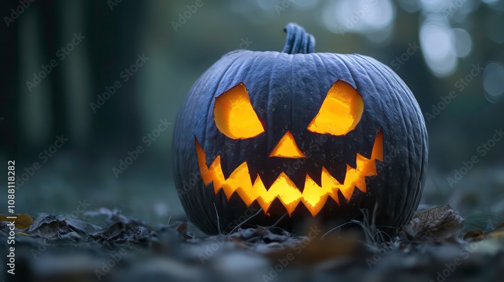 Halloween-themed carved pumpkin with glowing eyes and darkness Halloween-themed carved pumpkin with glowing eyes and darkness