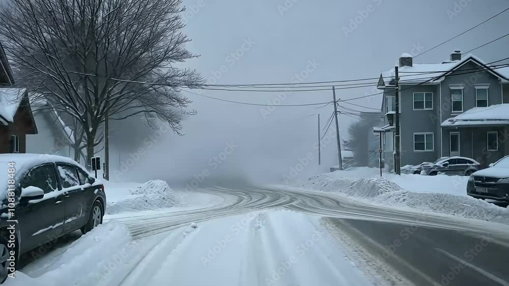 A snowy street scene with heavy snowfall, obscured visibility, and snow-covered cars and trees, creating a serene yet challenging winter atmosphere.