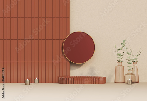 3D render wooden podium with glass wall, tropical leaves of plants, showcase with shadows on pastel background Stage showcase on pedestal display beige studio, exhibitions, cosmetic of products	
