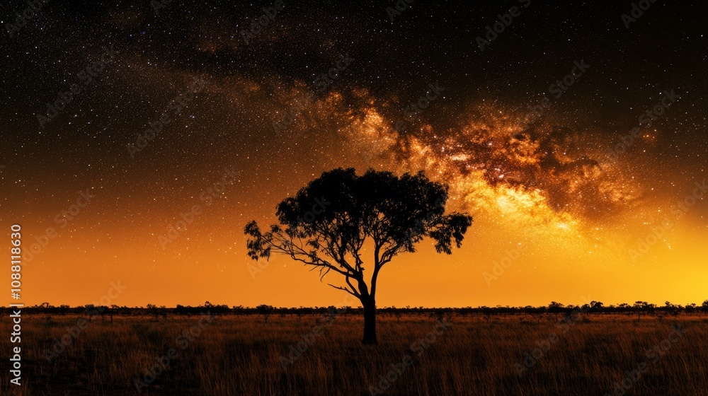 A stunning starry night features the Milky Way above a solitary tree in a tranquil landscape just before dawn A stunning starry night features the Milky Way above a solitary tree in a tranquil landscape just before dawn