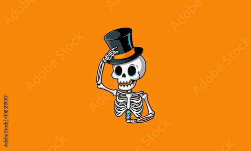Cheerful skeleton tipping top hat with cane